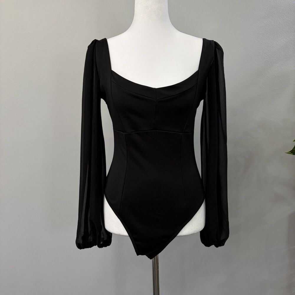 Black Bodysuit Womens L Sheer Bishop Long Sleeve Sweetheart Neck Thong Snap Sexy